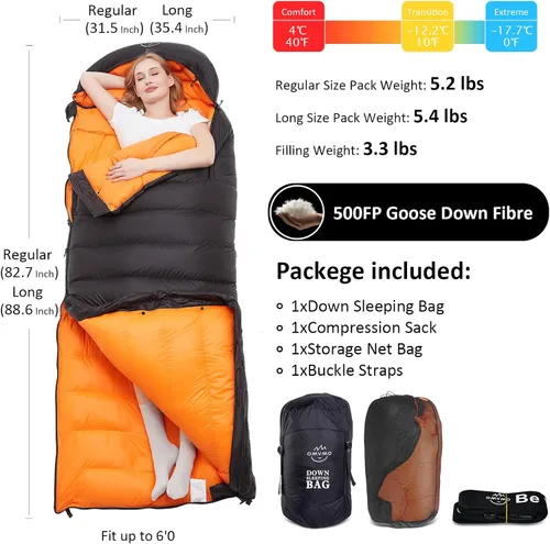 Miniatura 3 de Saco de dormir de plumón de 0 a 20 grados F para adultos, sobre de 4 estaciones con agujeros para los brazos, portátil para mochileros