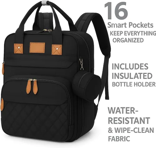 Miniatura 2 de Mochila para pañales – Bolsa de bebé grande impermeable con puerto de carga USB, cambiador y correas para cochecito – Organizador de viaje elegante