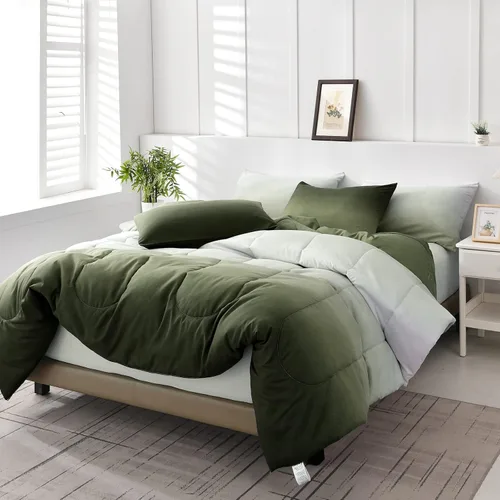 Miniatura 8 de Juego de edredón de 7 piezas color verde oliva para cama King - Juego de cama ligero con gradiente de color verde oscuro en una bolsa, juego de cama
