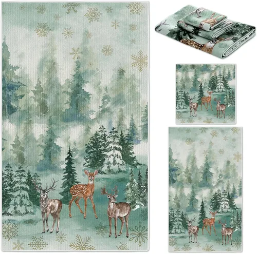 Miniatura 11 de Preboun Juego de 3 toallas de baño navideñas de gnomo, toallas de mano con árbol de Navidad, toallas de baño con copos de nieve de invierno, toallas