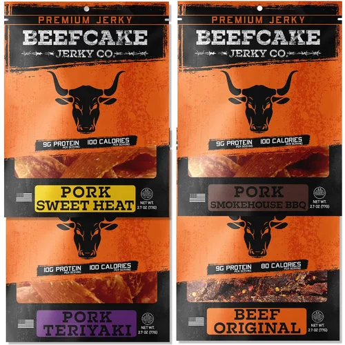 Miniatura 8 de BeefCake Jerky Paquete Clásico de Cecina de Res, Incluye Cecina de Res Sabor Tradicional Pimienta y Original, 9 Gramos de Proteína y 100 Calorías