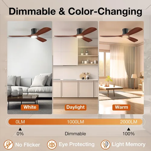 Miniatura 3 de Hoenofly - Ventiladores de techo empotrados inteligentes de madera de 52" con luces y control remoto, motor CC silencioso, ventilador de techo