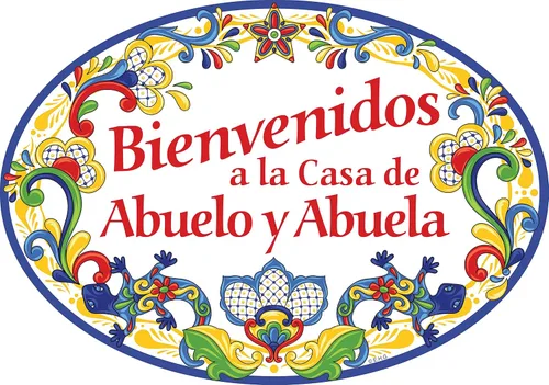 "Bienvenidos a La Casa de Abuelo & Abuela" - Letrero de cerámica para puerta de entrada de 11 x 8 pulgadas con ilustraciones tradicionales, Amarillo