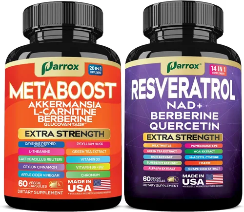 Paquete de Metaboost y Resveratrol – Soporte GLP-1 20 en 1 a base de plantas con berberina, Akkermansia, L-carnitina + complejo antioxidante 14 en 1