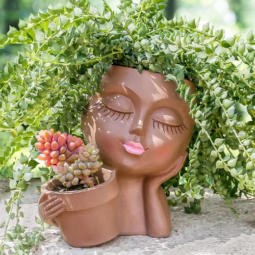 Miniatura 9 de vomiceak Macetas de Cara con Forma de Cabeza, Macetas para Plantas de Interior - Macetas Dobles Lindas para Flores y Suculentas con Agujeros