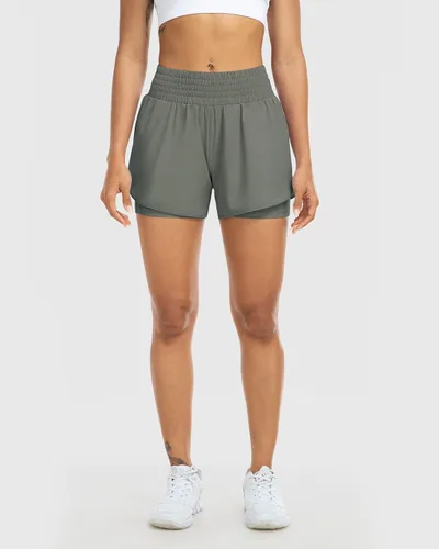 Miniatura 4 de YEZII Pantalones cortos de correr de cintura alta para mujer, pantalones cortos de entrenamiento atlético, de secado rápido, con bolsillos