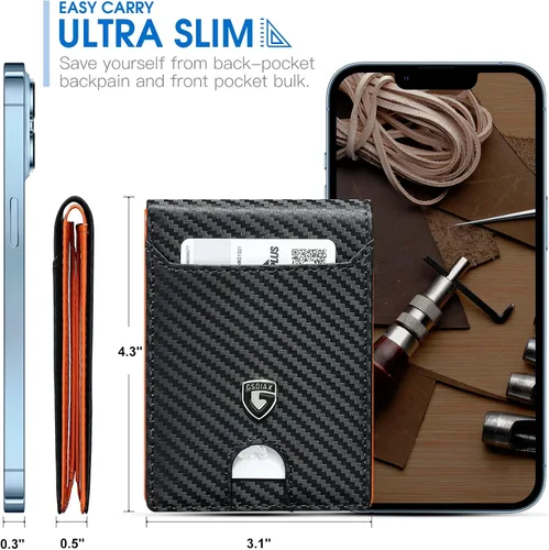 Miniatura 3 de GSOIAX Cartera delgada para hombre, con bloqueo RFID, billetera plegable de fibra de carbono, bolsillo frontal, con 11 tarjeteros, cartera
