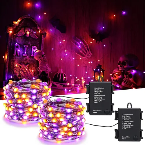 iBaycon Paquete de 2 50 luces LED de Halloween a batería, 16.4 pies, funciona con pilas, luces de Halloween naranja y morado, impermeables, con 8