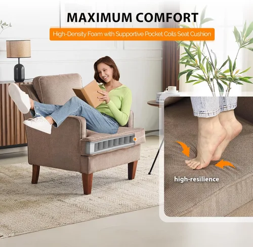 Miniatura 4 de VINGLI Juego de 2 sillas decorativas modernas de mediados de siglo, sillón tapizado marrón claro, cómodos sillones de lectura, respaldo alto