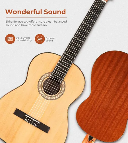 Miniatura 2 de Vangoa Guitarra clásica, cuerdas de nailon de 39 pulgadas, guitarra española para principiantes de tamaño completo con tapa de abeto y respaldo