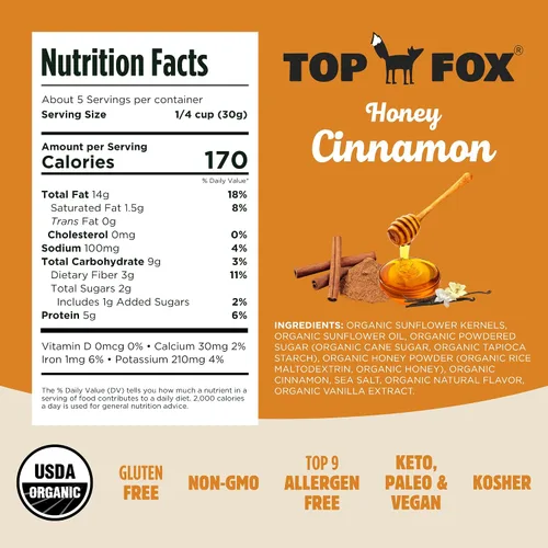 Miniatura 2 de Top Fox Snacks - Semillas de girasol con miel y canela para comer (5.5 onzas, paquete de 6) – Snacks aptos para dieta cetogénica, aperitivos sin