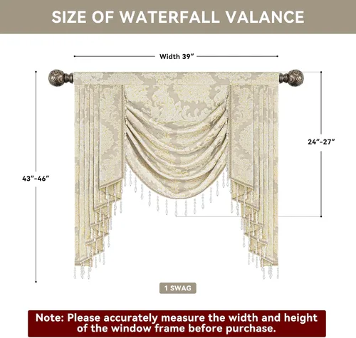 Miniatura 3 de Loom and Mill Cenefa de cascada de lujo de jacquard para sala de estar, elegantes cenefas de ventana con festones y cuentas damascadas, cortinas
