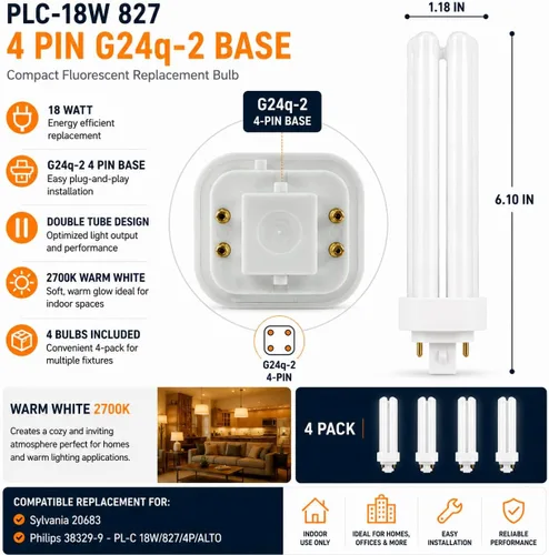 Miniatura 2 de PLC-18W 827, 4 pines G24q-2, tubo doble de 18 vatios, bombilla fluorescente compacta, sustituye a Sylvania 20683 y Philips 38329-9 - PL-C 2700K