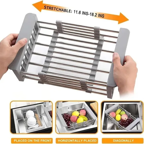 Miniatura 3 de Extend - Cesta de drenaje para fregadero de cocina, estante retráctil de acero inoxidable con pluma ajustable, cesta extensora multifuncional