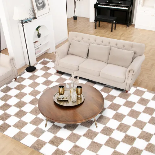 Miniatura 8 de Alfombra súper suave para dormitorio, 3 x 5 pies, alfombra de área beige y blanca a cuadros clásica, peluda antideslizante de pelo alto, alfombra
