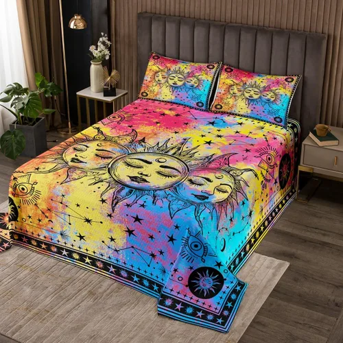 Miniatura 5 de Erosebridal Juego de colcha de teñido anudado arcoíris, juego de ropa de cama bohemio de calavera de la muerte, juego de ropa de cama tamaño King