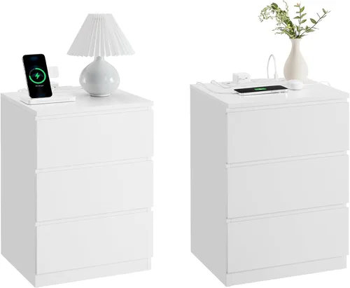 Miniatura 20 de VASAGLE Mesita de noche con estación de carga, 2 salidas de CA y 2 puertos USB, mesita de noche, mesa auxiliar con 3 cajones, estilo moderno, 13.8 x
