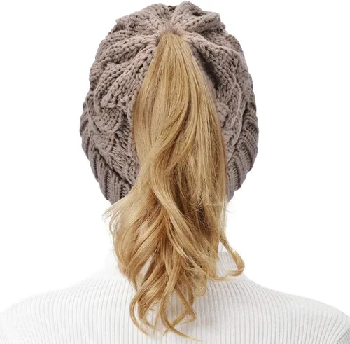 Miniatura 7 de Rosoz Gorro de cola de caballo para mujer gorro cálido de invierno suave y elástico tejido trenzado gorro de moño alto