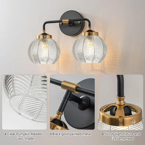 Miniatura 3 de Lámpara de tocador de baño de 2 luces, luces de globo de vidrio transparente, lámpara de montaje en pared negra con pantalla de vidrio acanalado