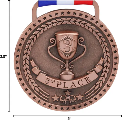 Miniatura 7 de Medallas de bronce dorado y plateado para premios de trofeo del 1er 2º y 3er lugar, acabado brillante o antiguo con cinta de satén roja, blanca