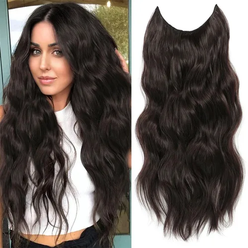Miniatura 56 de Extensiones de cabello con halo de 12 pulgadas con alambre invisible, cabello largo ondulado ajustable, sintético, mejora con 4 clips de seguridad