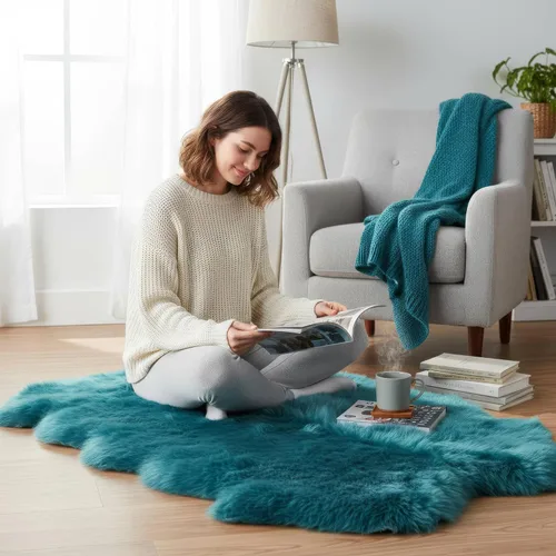 Miniatura 27 de Alfombra de Piel de Oveja Genuina Azul Playa de 2x3 pies, Alfombra de Acento de Piel Real Suave de Una Sola Piel para Silla, Funda de Asiento