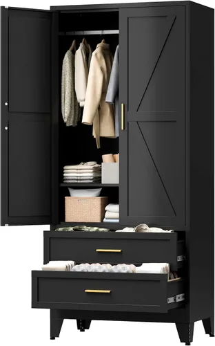Miniatura 9 de LCAOPC Armario de metal de 71 pulgadas de alto con cajón y barra para colgar, armario de 2 puertas con estante para dormitorio, oficina, lavandería