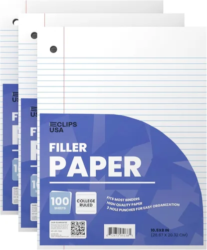 Cuaderno de hojas sueltas con rayas universitarias, papel rayado universitario de 10.5 x 8 pulgadas, 300 hojas, 100 hojas por paquete, 2.12 oz/m²