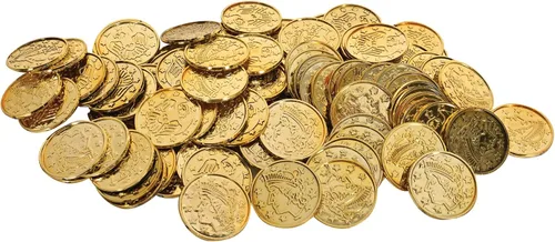 Beistle 100 monedas de plástico dorado pirata en relieve, suministros temáticos occidentales, recuerdos de fiesta de casino, 1.5 pulgadas | Embossed