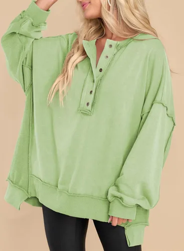 Miniatura 25 de AlvaQ - Sudadera de gran tamaño para mujer, informal, de manga larga, con botones y cuello Henley, tipo túnica