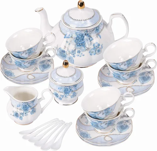 fanquare Juego de té de porcelana con flores azules, juego de taza de té y platillo para 6, juego de té de boda con jarra de crema, juego de café