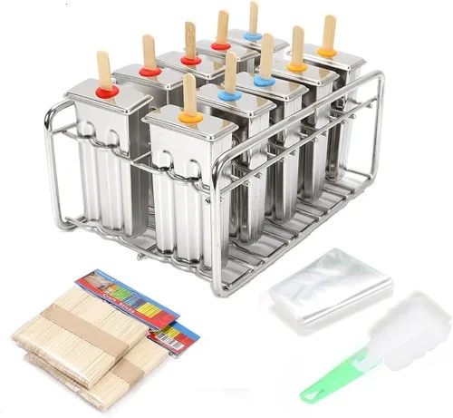 Miniatura 10 de Juego de 6 moldes de acero inoxidable para paletas de hielo, soporte para palitos de paletas de hielo con tapa, molde de helado con cepillo