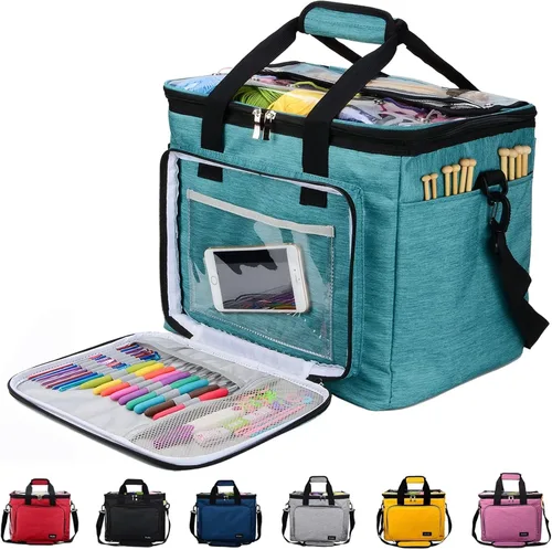 Miniatura 11 de Hoshin Bolsa de tejer para almacenamiento de hilos, organizador de bolsas de hilo de alta capacidad con divisor interior, portátil para llevar
