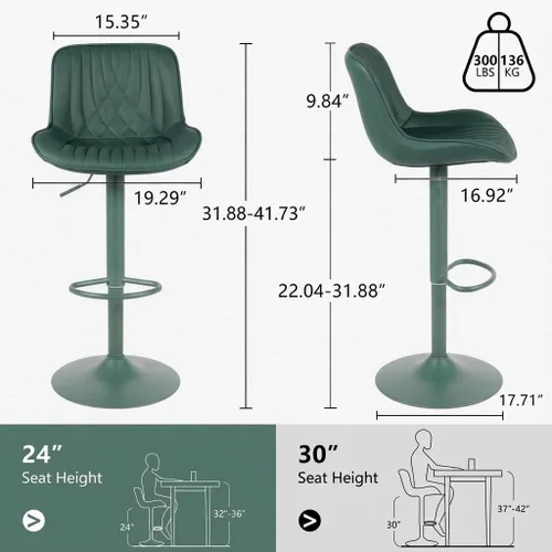 Miniatura 2 de YOUTASTE Juego de 2 taburetes de bar de piel sintética, todos los taburetes de bar tapizados de color verde oscuro con respaldo, silla giratoria