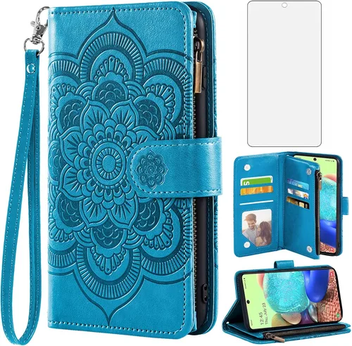 Asuwish Compatible con Samsung Galaxy A71 5G - Funda tipo cartera y protector de pantalla de vidrio templado, funda de piel con diseño de flores,