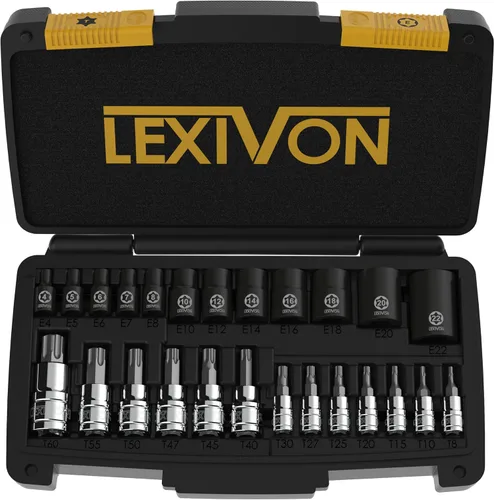 LEXIVON Master Torx Juego de Brocas y Dados, Aleación S2 Premium y Acero Cr-V | 25 Piezas, Dados de Broca T8-T60 y E-Torx E4-E22 | Estuche de