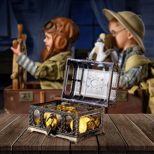 Miniatura 6 de Caja de tesoro pirata antigua transparente de plástico con cerradura y llave, caja de juguetes del tesoro premios para niños, decoración de fiesta