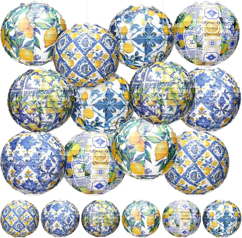 Miniatura 7 de Rossesay 12 faroles de papel costeros azules de 8 pulgadas, farol colgante de flores azules para interiores y exteriores, decoración náutica