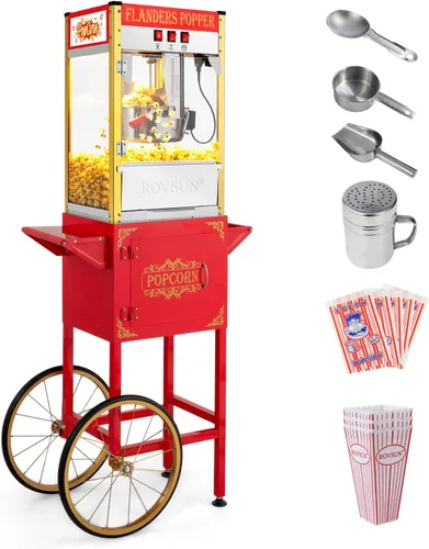 ROVSUN Máquina de palomitas de maíz estilo cine con carrito y ruedas, hervidor de 10 onzas que hace hasta 4 galones para hacer palomitas de maíz con