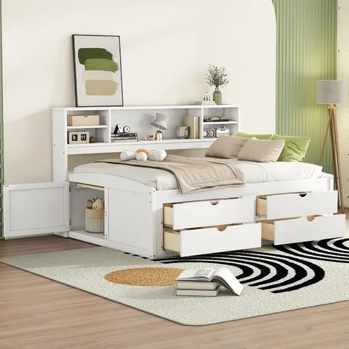 Miniatura 16 de Sofá cama de tamaño matrimonial con 4 cajones, marco de madera con 2 armarios de noche y estantes superiores, marrón antiguo