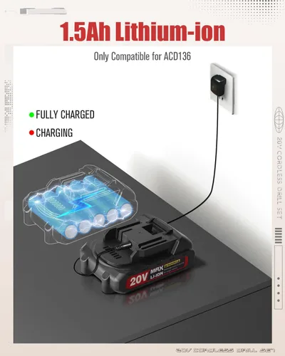 Miniatura 8 de AVID POWER Kit de taladro eléctrico máximo de 20 V, juego de taladro inalámbrico con batería y cargador, 2 velocidades variables, portabrocas sin