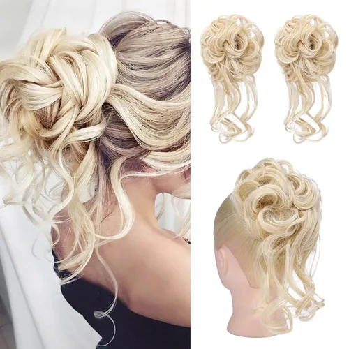 Miniatura 11 de HOOJIH 2 piezas de moño despeinado, recogido despeinado con mechones, extensiones de moño de cabello ondulado rizado, envoltorio de cabello, cola