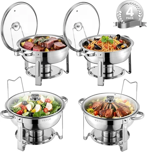 Miniatura 10 de VEVOR Juego de bufé de calentador de comida, 5 cuartos de galón, paquete de 4, de acero inoxidable con 4 bandejas de tamaño completo, servidor