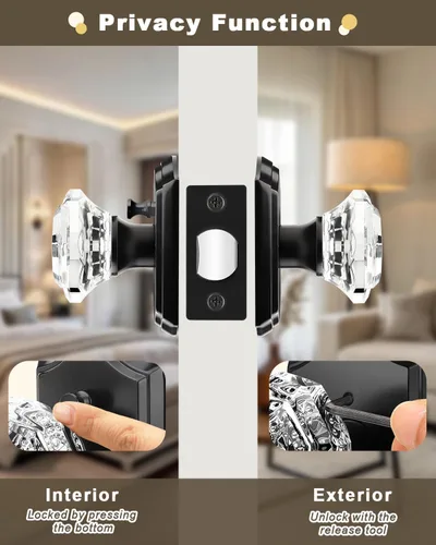 Miniatura 2 de Gobrico Juego de 3 pomos de puerta de cristal transparente, perillas de puerta de privacidad, función de cama/baño, perilla interior de forma Negro