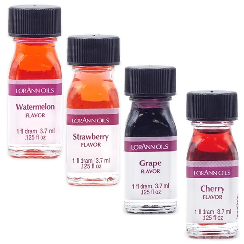LorAnn Saborizantes súper concentrados de sabores frutales en frascos de 1 adarme (.0125 fl oz - 3.7ml), sandía, uva, cereza y fresa