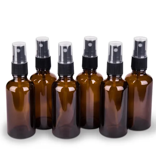 Paquete de 6 botellas de spray de vidrio ámbar para aceites esenciales, botella pequeña de 2 onzas de niebla fina vacía de viaje para cabello y