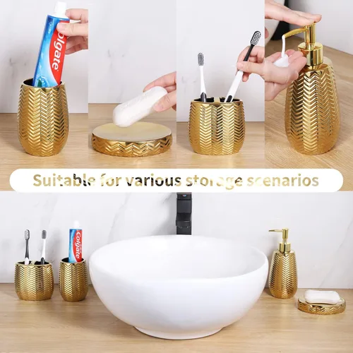 Miniatura 3 de Juego de 4 accesorios de baño, accesorios de baño de cerámica dorada completos con dispensador de jabón, soporte para cepillos de dientes, vaso