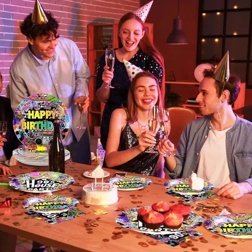 Miniatura 7 de 96 piezas de suministros desechables para fiesta de los 90 de estilo casa, platos de papel y servilletas de fiesta de los 90 con grafiti retro