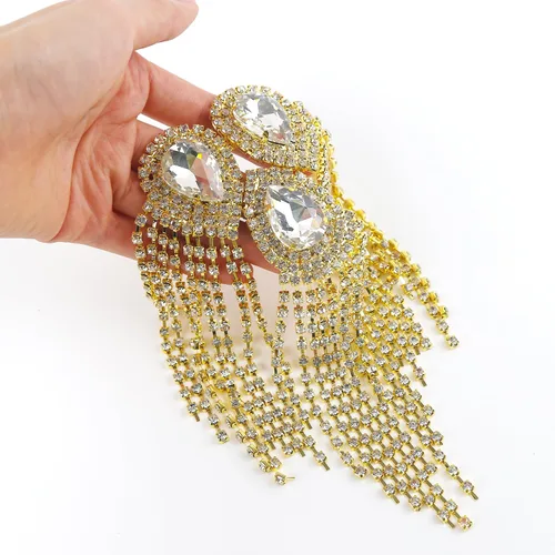Miniatura 3 de 2 piezas de charreteras de hombro con flecos de cristal, diseño de gota de agua dorada, apliques de diamantes de imitación para ropa de mujer