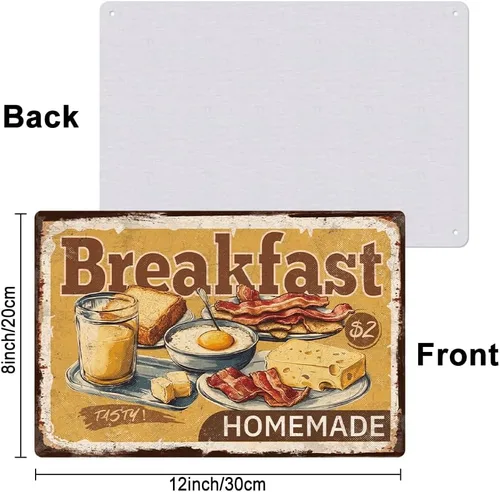 Miniatura 2 de 1 letrero de metal vintage de 12 x 8 pulgadas, placa retro para desayuno, huevo frito, queso, tocino, oliva, con 4 agujeros preperforados